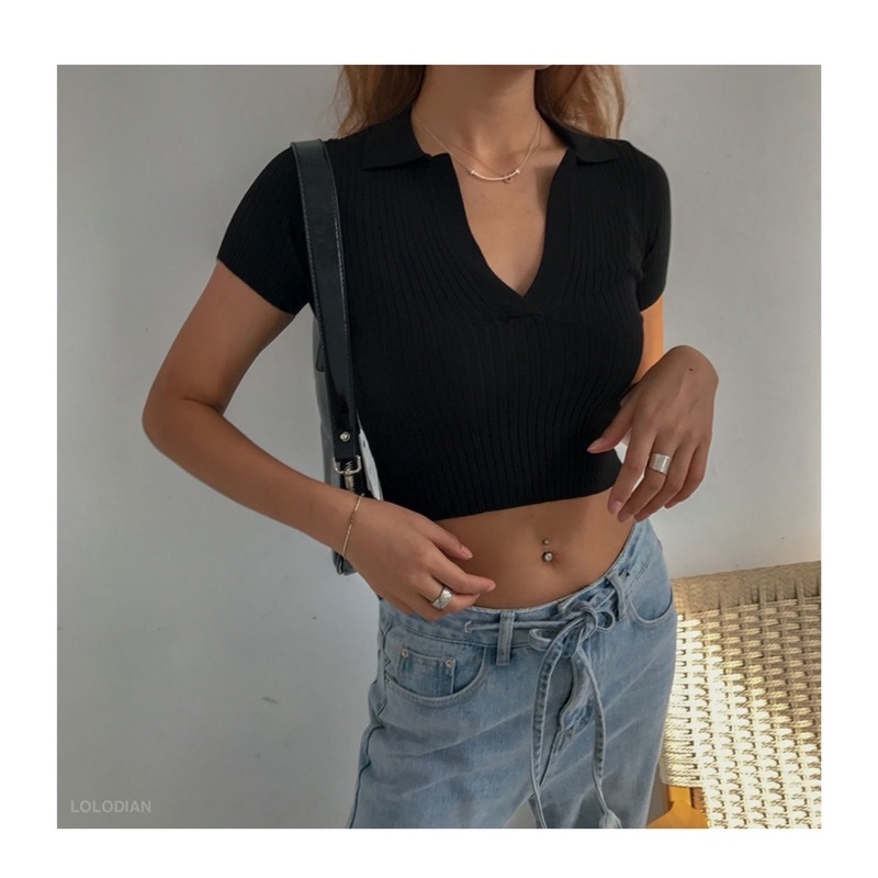 ATASAN WANITA KNIT IMPORT QUALITY TOP CROP KOREAN STYLE BERKERAH MX907