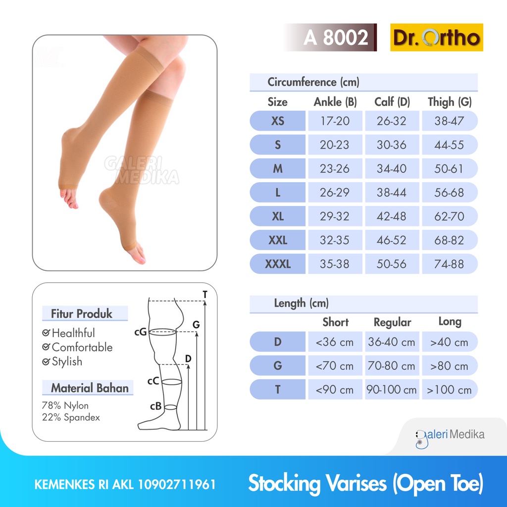 Stocking Varises Dr. ortho A-8002 Under Knee Stocking Open Toes