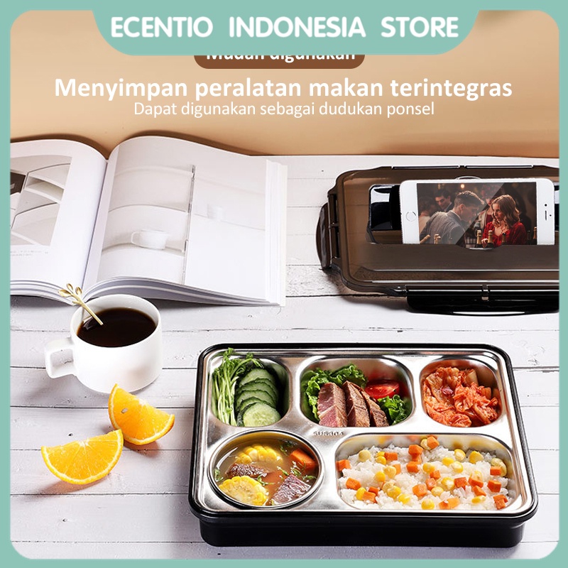 ecentio kotak makan stainless steel 5 grid dengan sendok sumpit gratis berbahan anti tumpah lunch box kotak bento