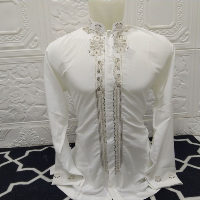 BAJU KOKO/BAJU KOKO LENGAN PANJANG SEMI SUTRA /BAJU KOKO PUTIH LENGAN PANJANG/ BAJU KOKO BORDIR GOLD