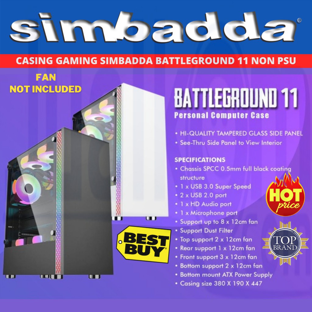 Casing Simbadda BattleGround 11 Black white ATX mATX Tempered Glass Gaming Case BG11