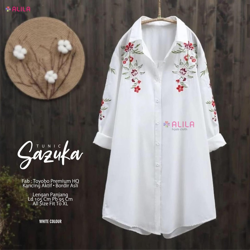 Fashion Sazuka Tunik by ALILA bluse wanita toyobo putih bordir kancing depan lengan panjang