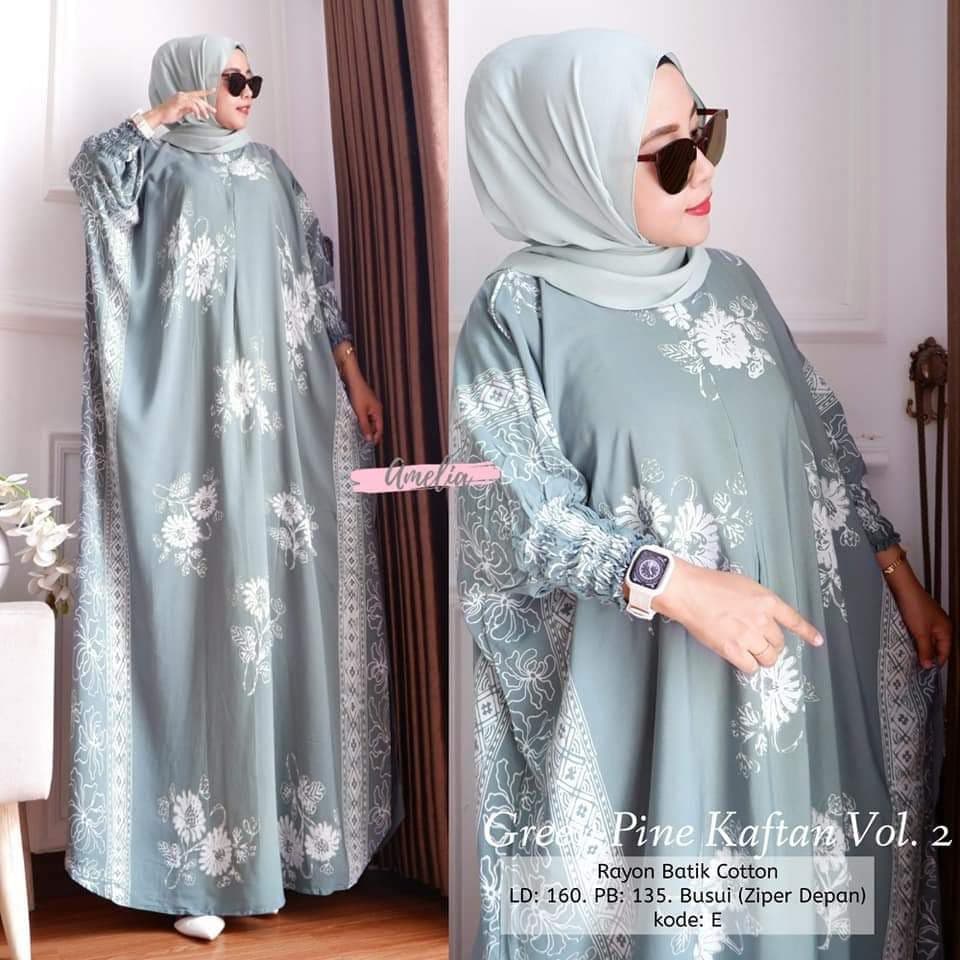 Green Pine Kaftan Wanita Jumbo Rayon Premium Gamis Dress Kaftan Batik Kekininan Bigsize LD 150 cm