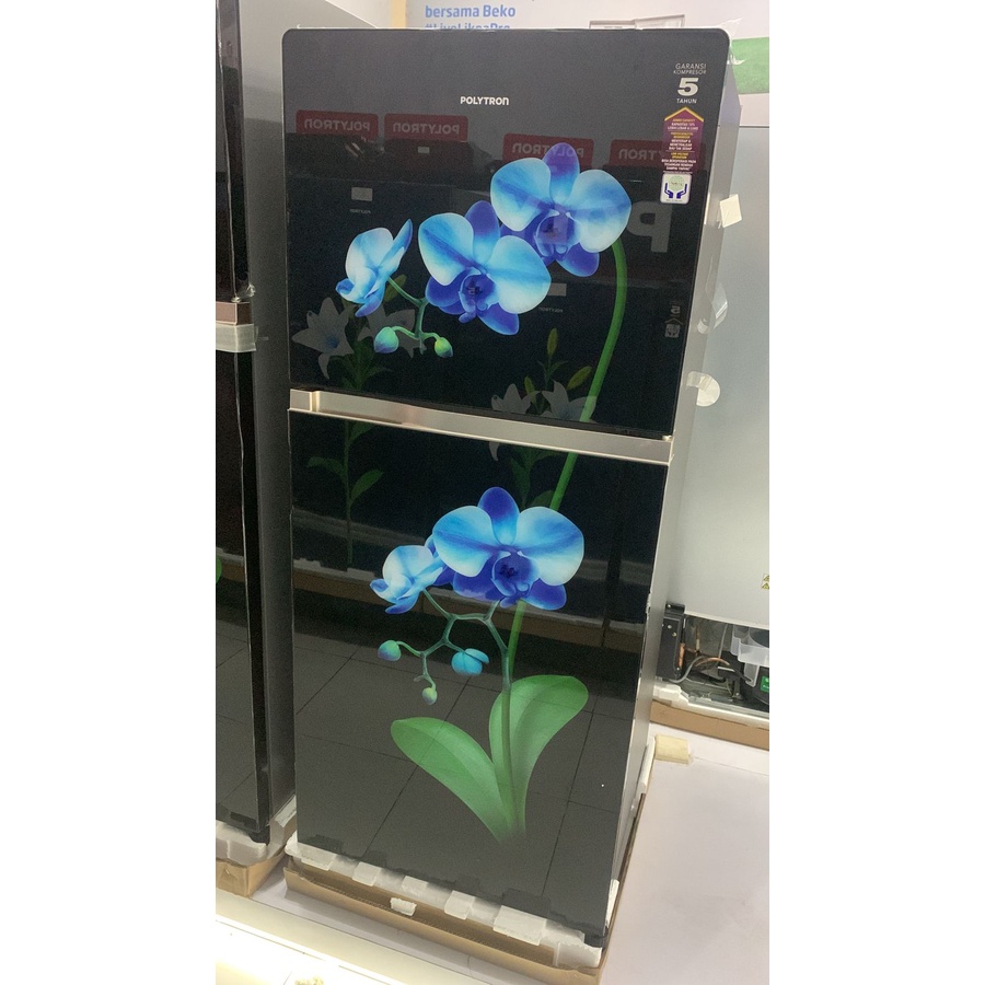 Kulkas 2 Pintu Polytron PRW 23 MOB Motif Anggrek biru Glass door 220 liter