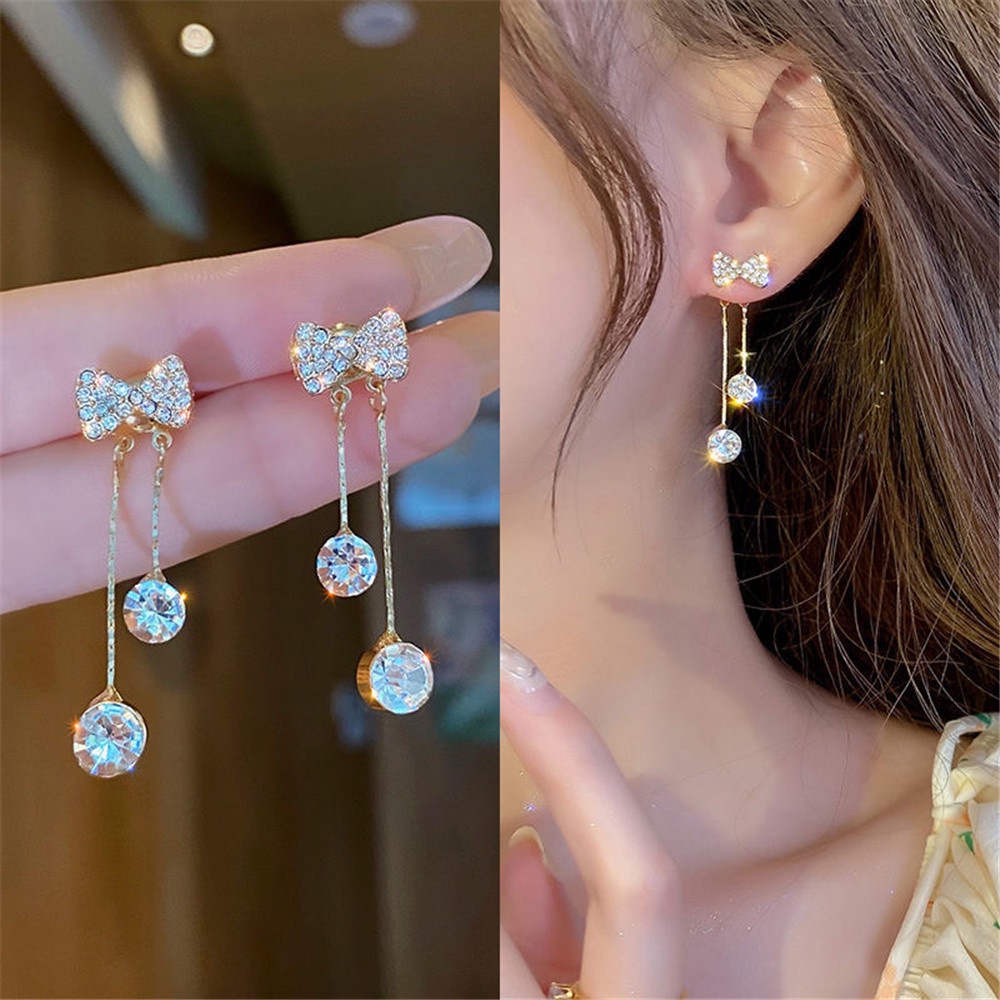 1 Pasang Fashion Korea Manis Bintang Busur Berlian Rumbai Liontin Anting-Anting Emas untuk Wanita
