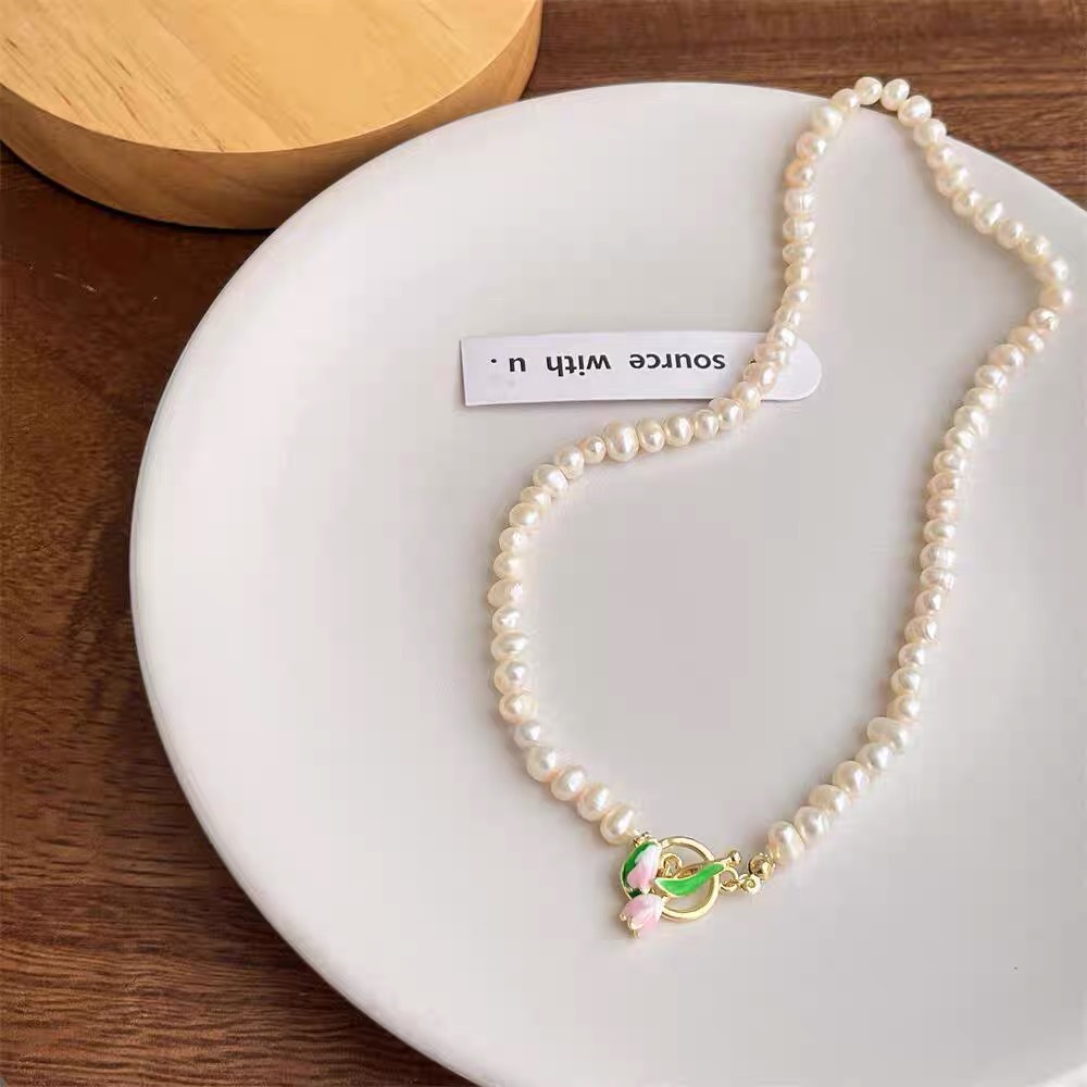 YEEZII Set Kalung + Gelang + Anting Tusuk + Cincin Motif Bunga Tulip Aksen Mutiara Untuk Perhiasan Wanita