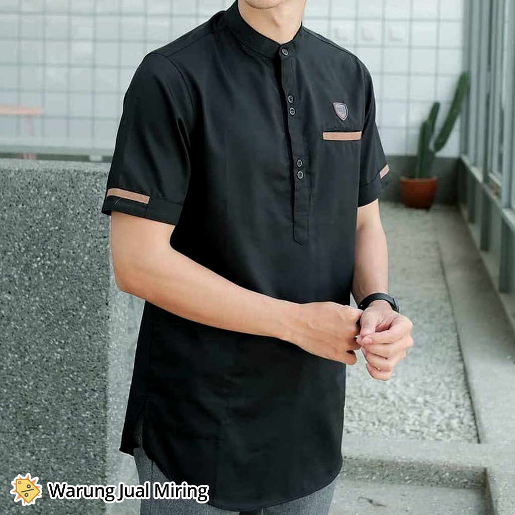 Baju Koko Kurta Lengan Pendek Dewasa Pria Laki Cowok Muslim Pakistan Tangan Santai Untuk Sarung Peci Kokoh Qurta Adem Lembut Katun Toyobo Santri Kemeja Kerah Hitam Putih Biru Donker Coklat Merah Casual Kasual Formal Murah-Kurta Hitam