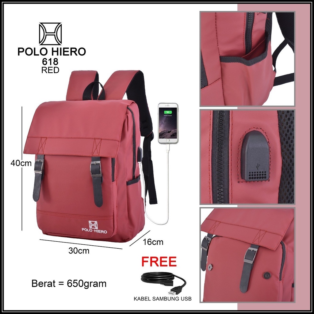 Tas Ransel Sekolah Stylish Unisex Polo Hiero 618,[Free Kabel Extension USB]