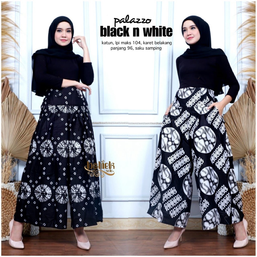 Kulot Palazzo Black N White Batik Celana Jumbo Wanita Casual Celana Panjang Bawahan Kulot Motif