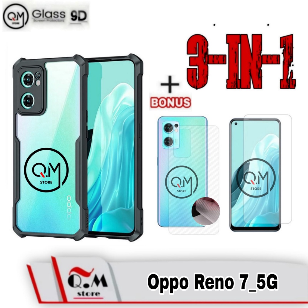 Paket 3 IN1 Case Transparan Oppo Reno 7 5G Softcase Armor Transparan Pelindung Back Cover