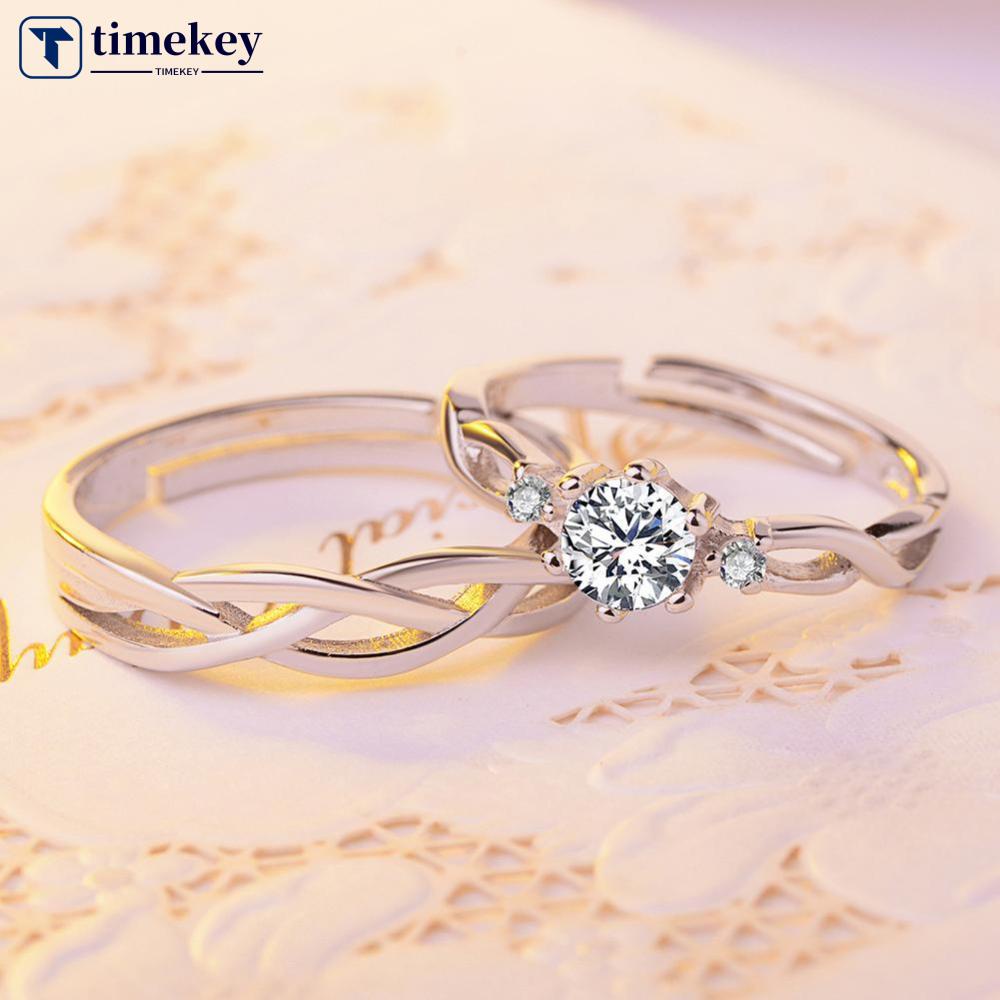 Timekey Cincin Pasangan Adjustable Hias Zircon Untuk Hadiah Valentine A8K6