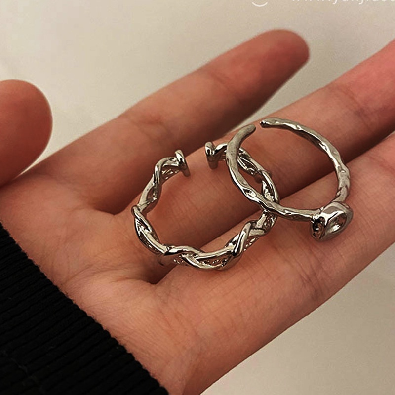 2 Pcs/Set Cincin Mode Tidak Teratur Cincin Perak Terbuka Unisex Yang Dipersonalisasi