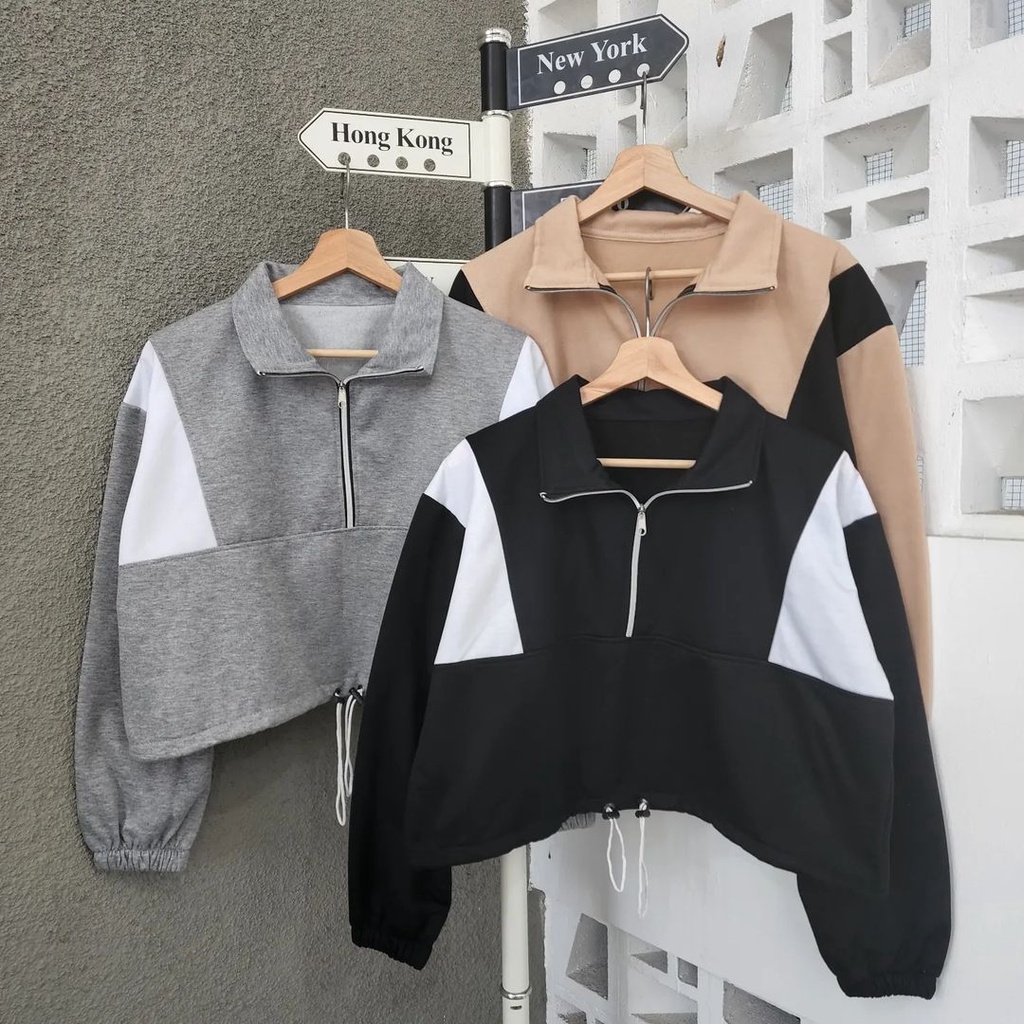 INDIE CROOPE Sweater Zipper Kerah Tinggi | 2 Tone Jacket Wanita Terbaru Stylish Desain Modern Fashion Kekinian