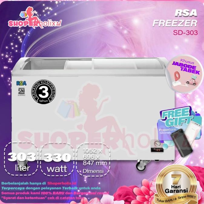 CHEST FREEZER RSA SD-303 SLEDING CURVE GLASS FREEZER BOX GARANSI RESMI