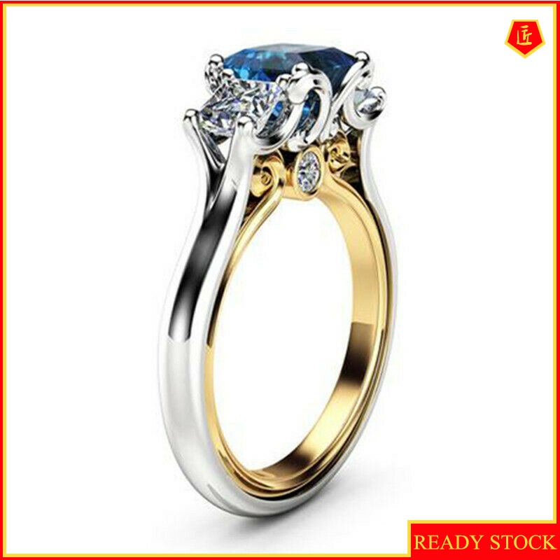 [Ready Stock]14K Gold Two-Color Navy Blue Topaz Square Diamond Ring for Women