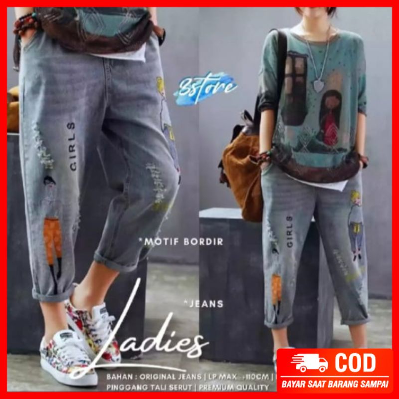 Ladies baggy jeans motif bordir pinggang tali serut premium quality