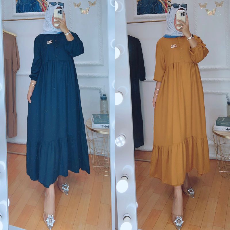 midi dress polos/midi katun twill/gamis lengan 7/8