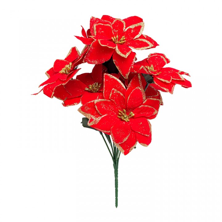 Hiasan Bunga Poinsettia Merah Glitter Gold / Kastuba x 7 Kuntum Bunga Pohon Natal Merah dekorasi rum