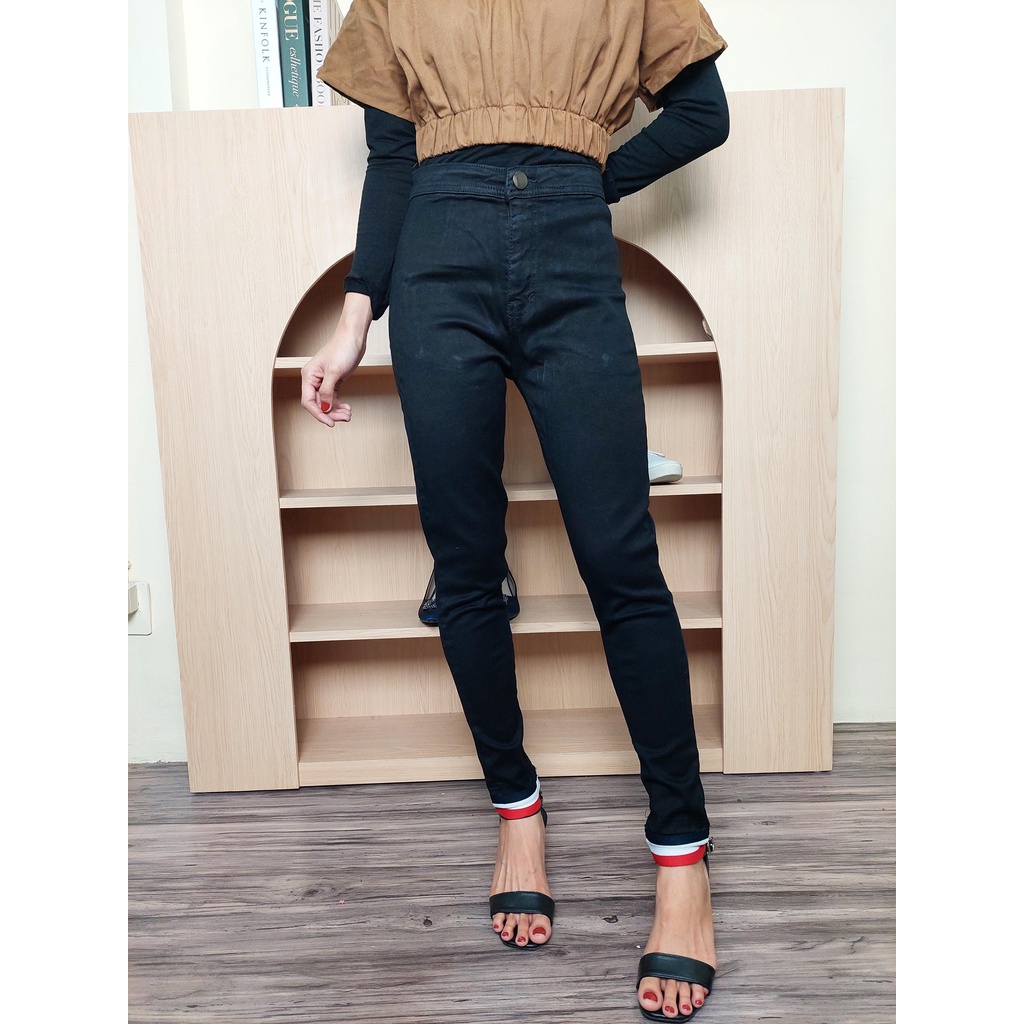 HOPYLOVY SALE - Celana Jeans Stretch Highwaist Wanita List Kaki Karet