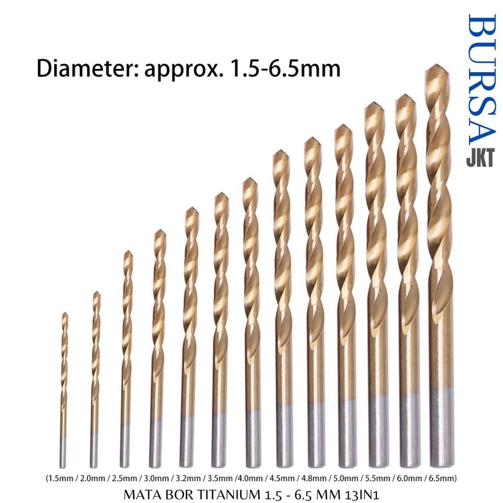 SET MATA BOR 1.5 - 6.5MM 13 PC HSS TITANIUM DRILL BIT