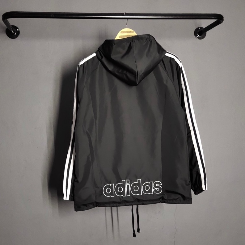 Jaket Pria Parasut Adidas Windbteaker Hitam List Putih XL XXL - Jaket Parsut Jumbo - Jaket Olahraga - Trendy Pria Wanita Sauna Joging Murah Pembakar Lemak Running Pelindung Uv Essentials Hoodie Windbreaker