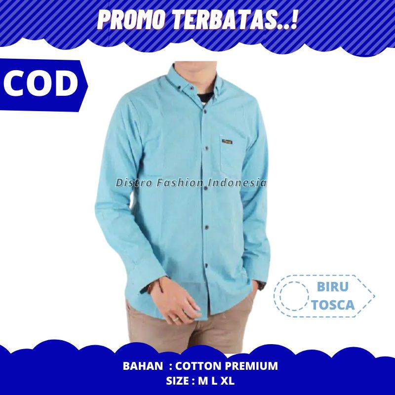 Kemeja Polos Pria Lengan Panjang Biru Tosca Distro