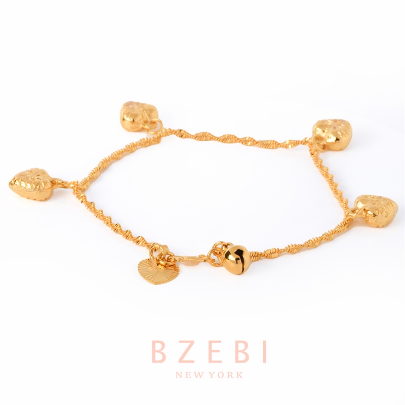 Bzebi Gelang Tangan Lapis Emas 18k Aksen Hati + Lonceng Kecil Untuk Wanita / Hadiah Ulang Tahun 399b