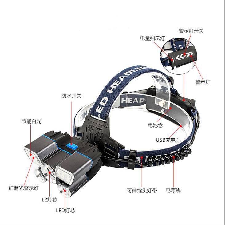 Albinaly Senter Kepala Headlamp Cree XM-L2 + 2XPE + Red Blue LED - TG-007 - Black