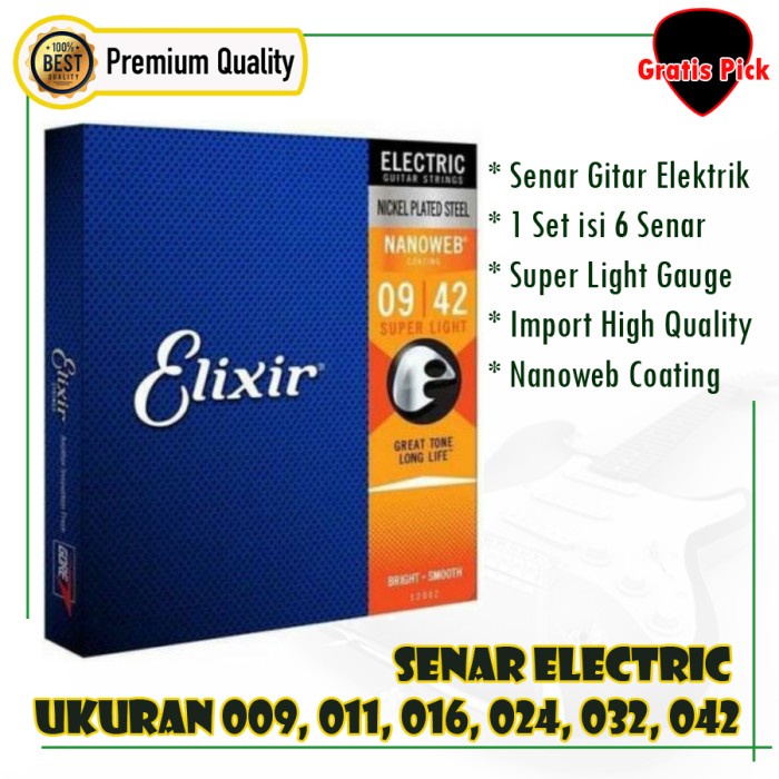 Senar Gitar Elektrik Elixir 009 , Elixir Electric Nanoweb Tahan Karat