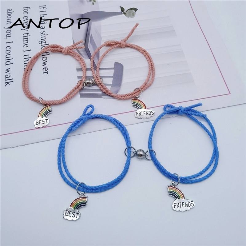 2pcs / Set Gelang Pelangi Tali Kepang Magnetik Adjustable Hias Manik-Manik Hitam Gaya Etnik China Untuk Pasangan Perhiasan Fashion ANTOP