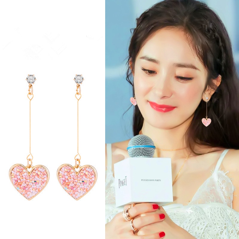 Anting Panjang Bentuk Hati Aksen Payet Warna Pink Gaya Korea Untuk Wanita