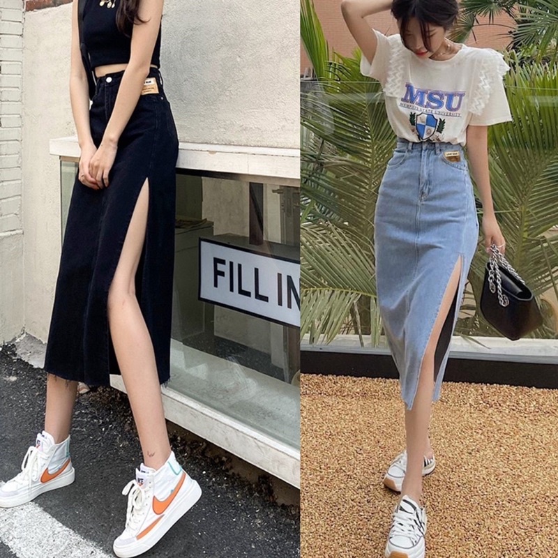 ROK HW PENCIL SPLIT DENIM SKIRT MIDI JEANS HIGHWAIST WANITA  MX534