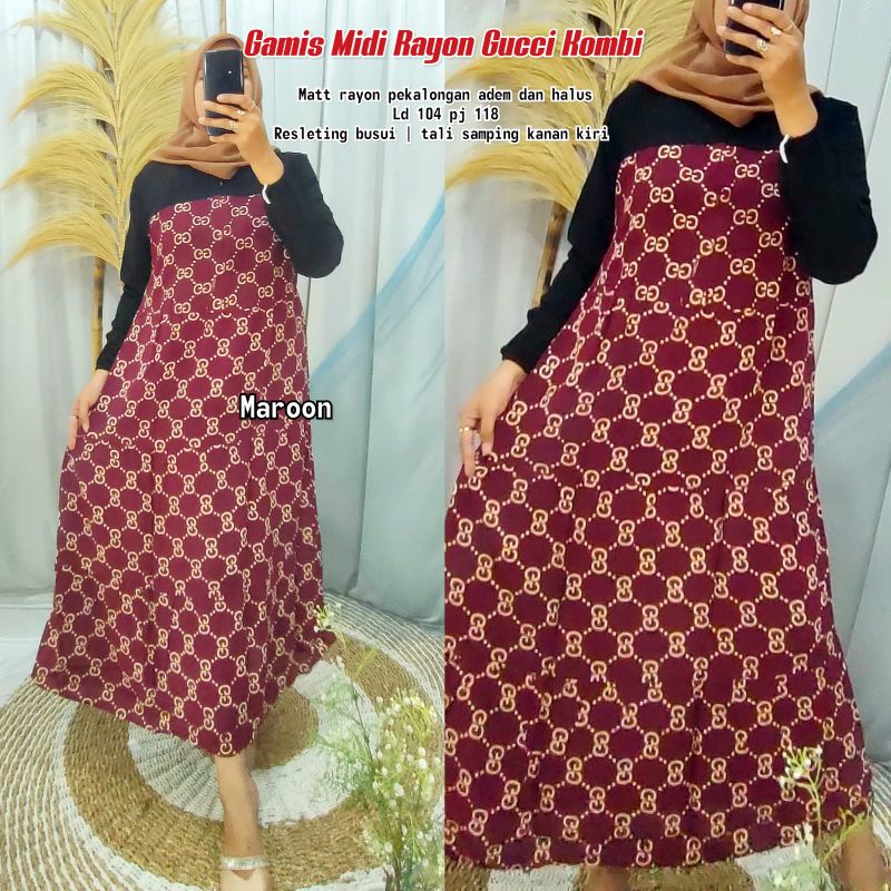 COD / Gamis Rayon Kombi Motif Gucci Lengan Panjang