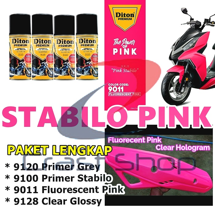 Paket Lengkap Cat Pilox Diton Premium Fluorescent Pink 9011 400cc Stabilo Merah Muda Sepeda Motor Mo