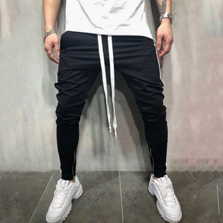 2019 drawstring striped zipper decorated slim pants