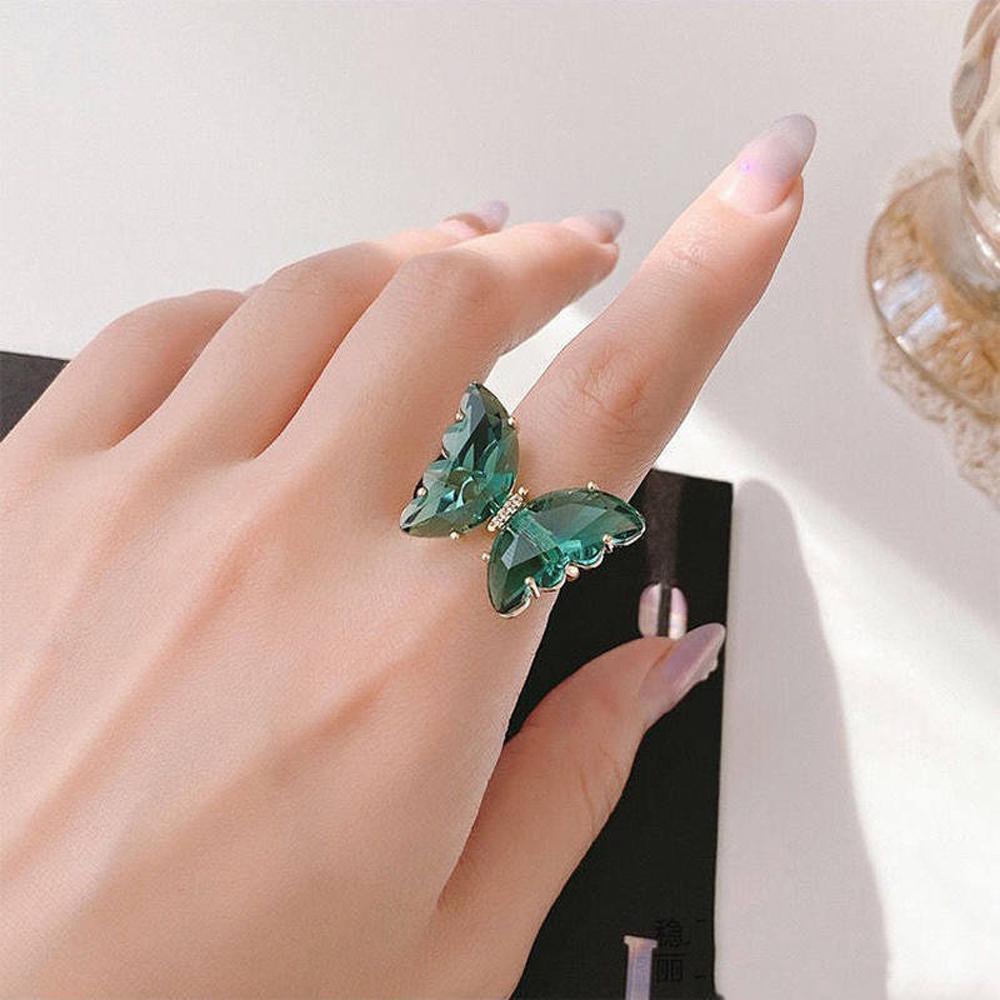 [Elegan] Cincin Jari Kupu-Kupu Warna-Warni Fashion Gaya Sederhana Transparan Hadiah Untuk Wanita Perhiasan Kristal