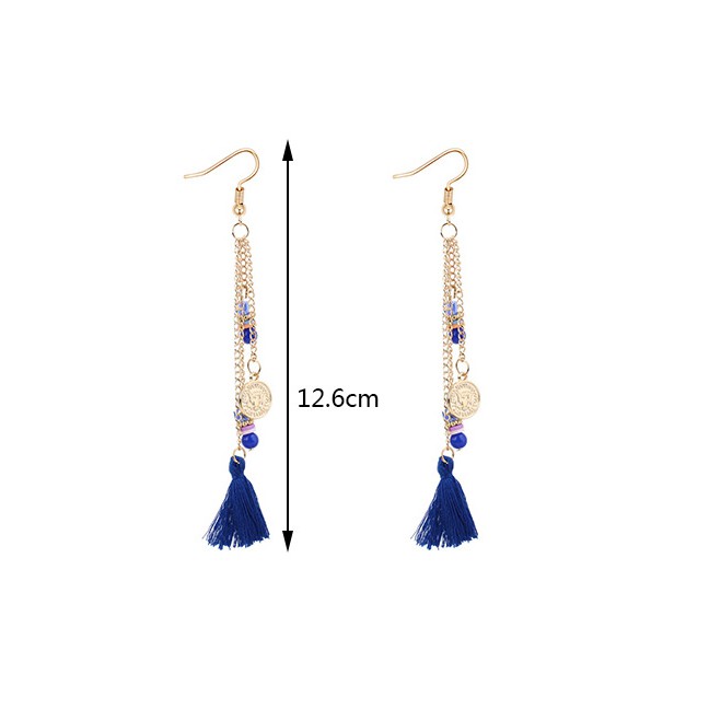 LRC Anting Gantung Bohemia Sapphire Coin Shape Decorated Tassel Earrings