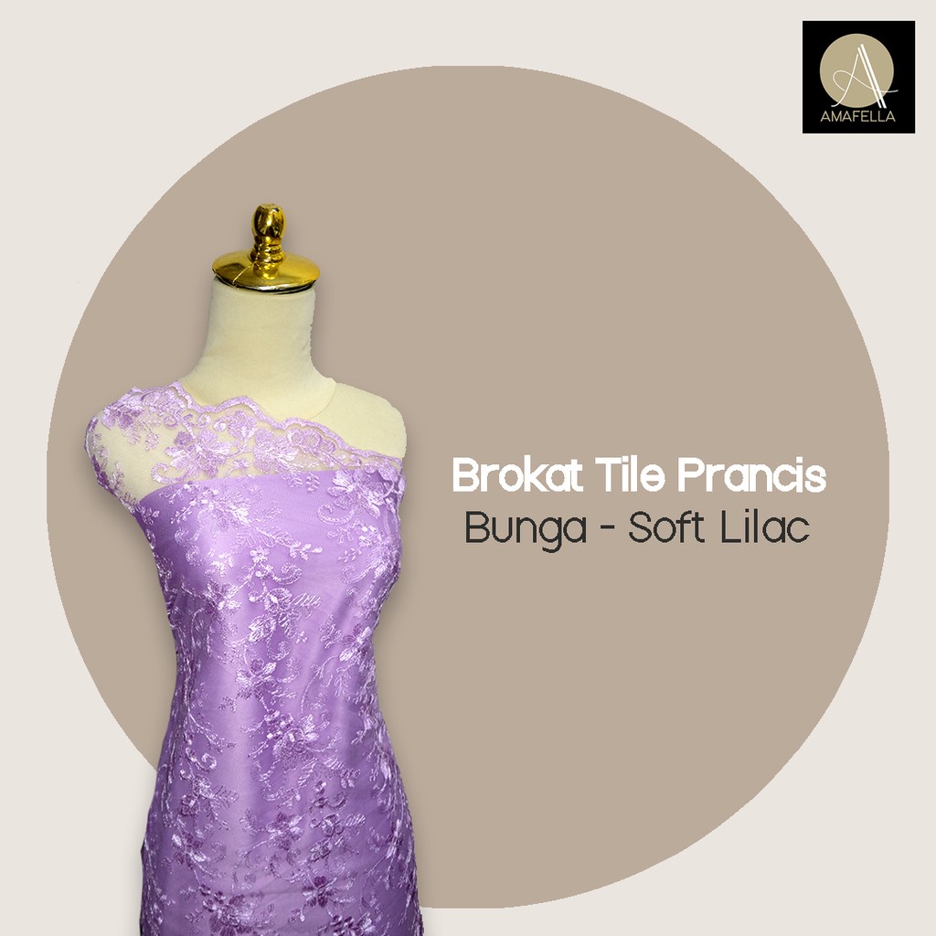 1/2 meter Kain Brokat Tile Prancis Bahan Kebaya Motif Bunga Soft Lilac