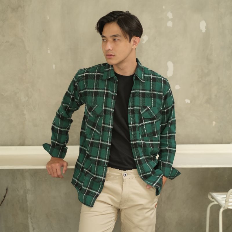 Kemaja Pria Lengan Panjang Flanel Motif Kotak-kotak Gaya Retro