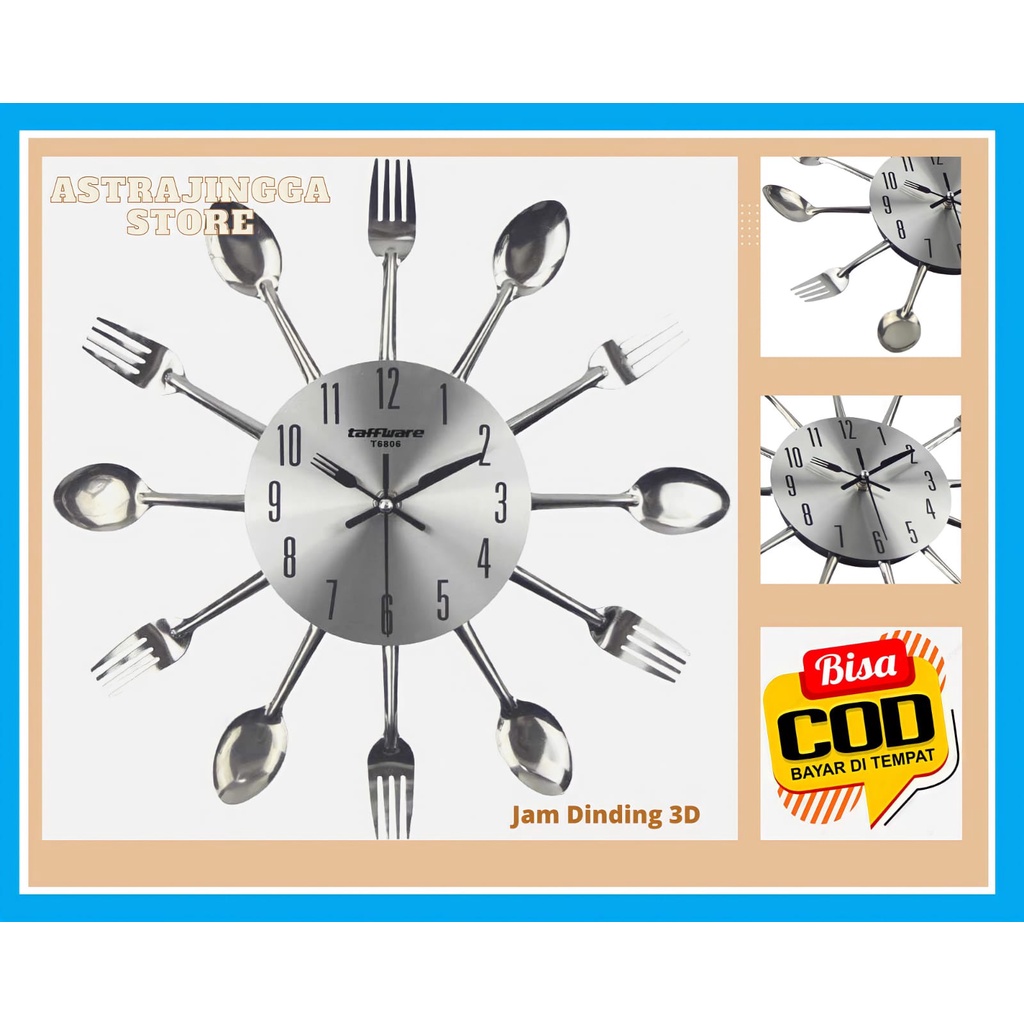 Jam Dinding Unik Model Sendok Garpu Jam Dinding Kreasi Dapur Silver 3D