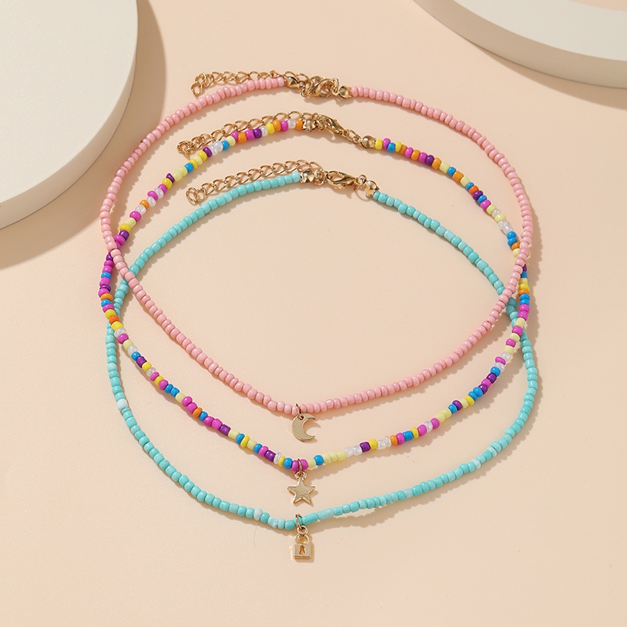 YEEZII Bohemian Retro Colorful Beads Multilayer Necklace Star Moon Lock Pendant Fashion Jewelry Accessories