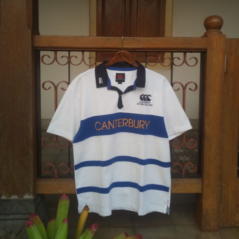 Polo shirt kaos kerah CANTERBURY RUGBY putih biru