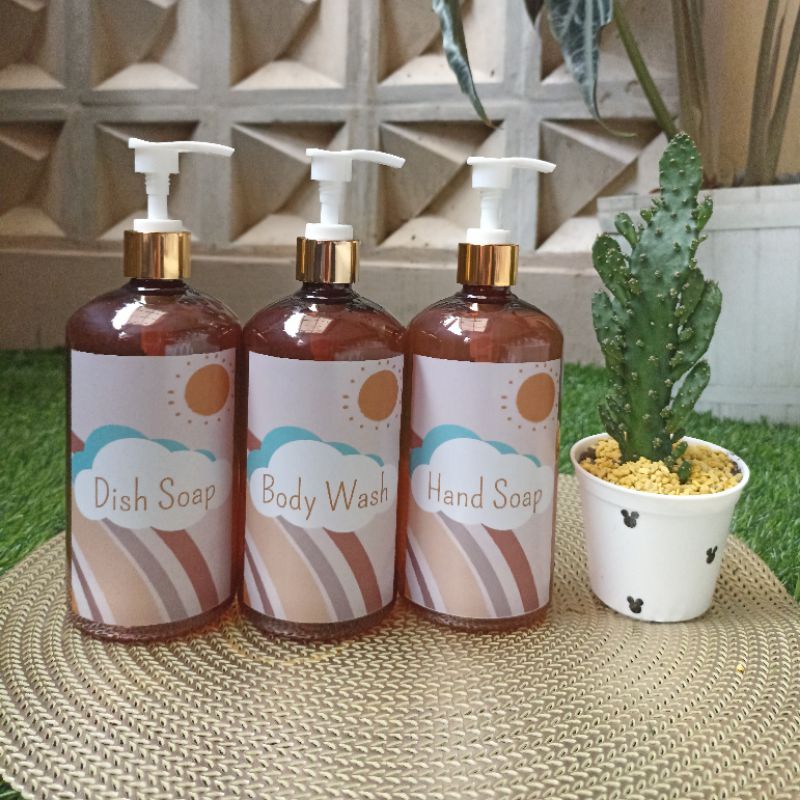 Botol pump 500ml aesthetic free label sticker anti air 500 ml amber dark coklat refillable minimalist home decor bathroom sabun mandi cuci tangan body wash isi ulang kosong bottle