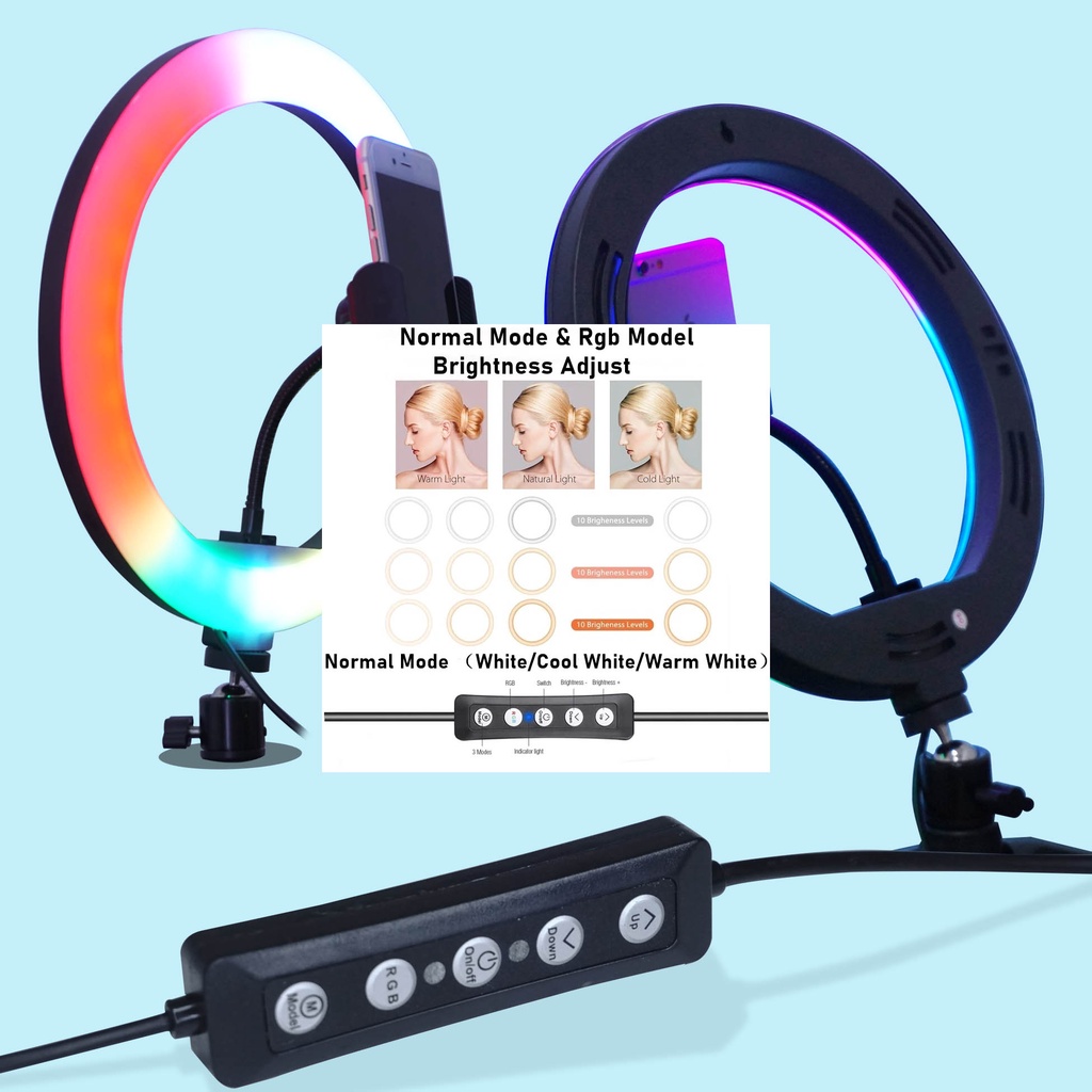 Handphone Holder Stand Selfie Ring Light RGB LED 26 cm - 30 cm Rainbow Lampu Disko + Tripod 2.1 Meter