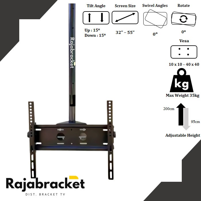 Bracket TV Gantung Plafon 32 40 43 50 55 inch, 2 Meter Adjustable