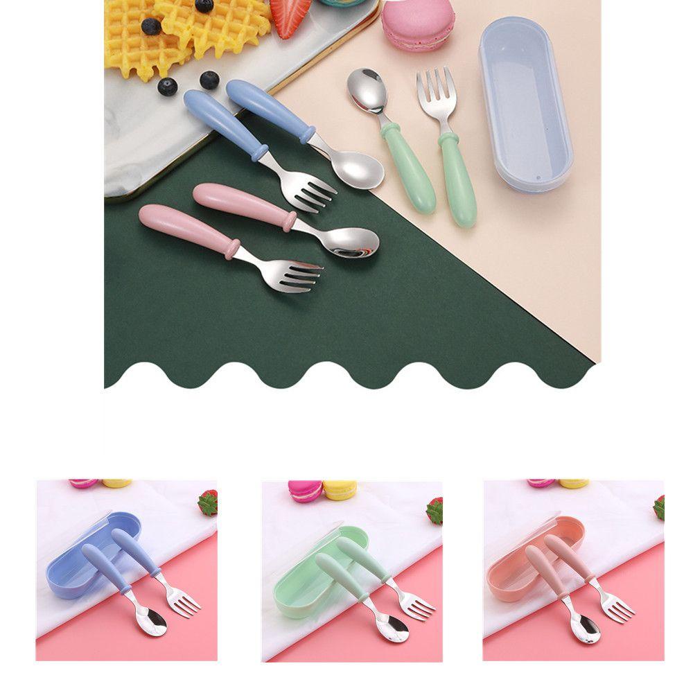 Solighter Set Alat Makan Portable Bayi Dapat Digunakan Kembali Stainless Steel Kartun Alat Makan Sendok Garpu Sendok Set