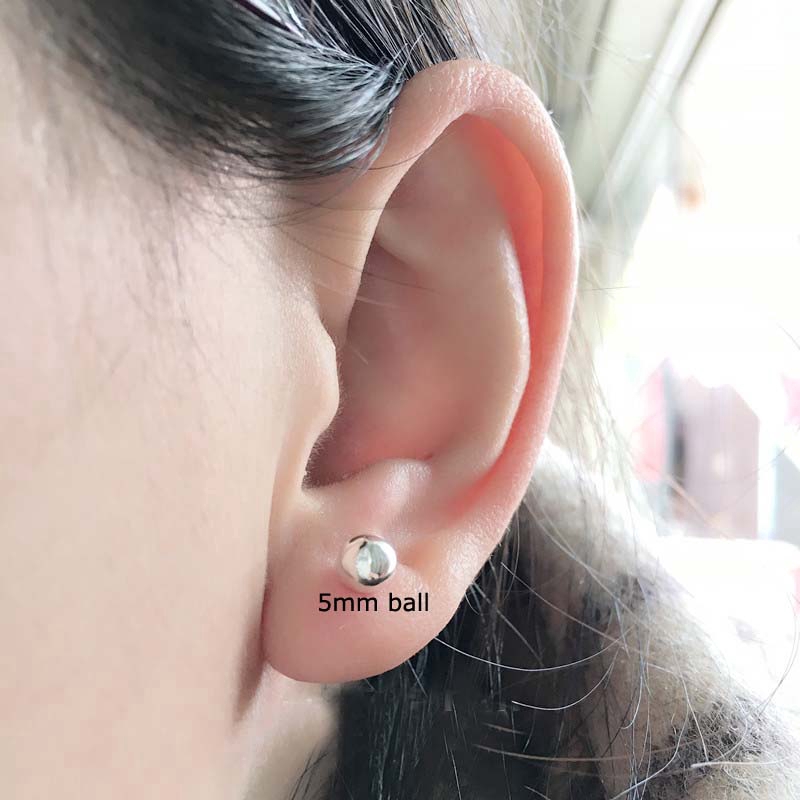 2piece S925 Sterling Silver Beads Ball Earrings Stud Mini Fit Unisex Silver Color 2-5mm 20Gauge