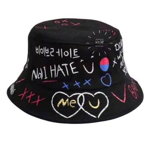 Bucket hat sablon badas korea bahan bolak balik topi bundar