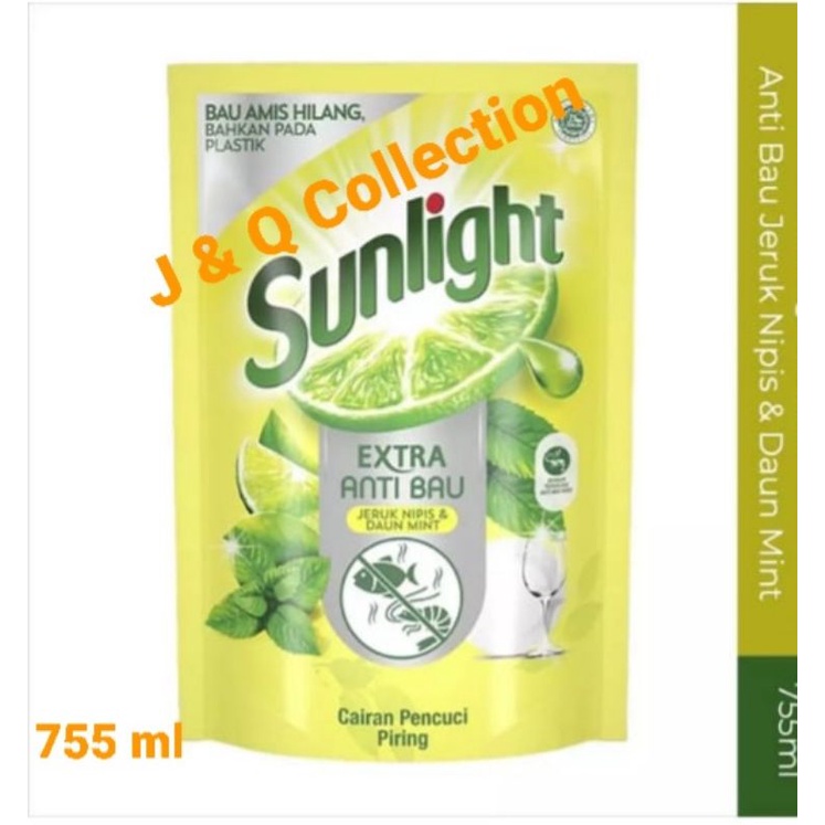 Sunlight Extra Anti Bau Jeruk Nipis & Daun Mint 755 ml - Cairan Cuci Piring