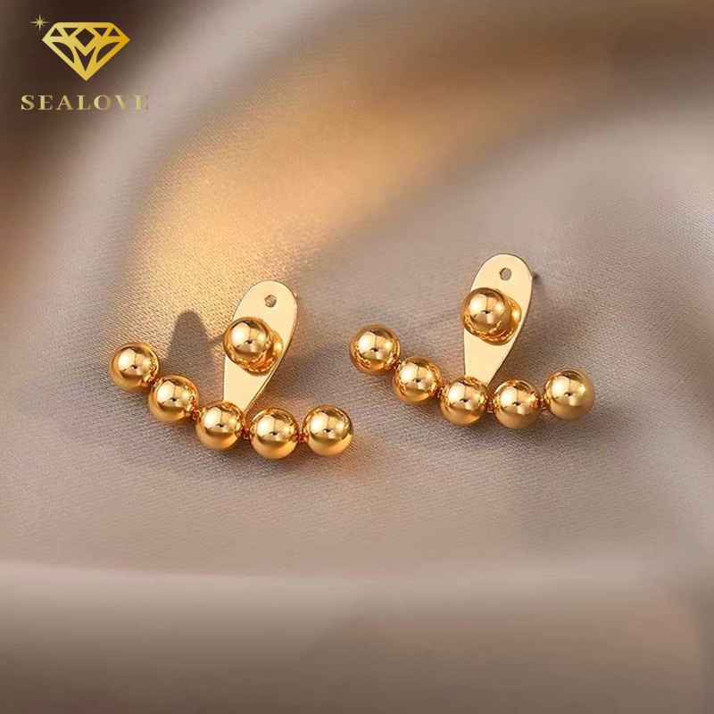 Anting Titanium Wanita Asli Melengkung Manik Emas 18k anti karat dan anti luntur